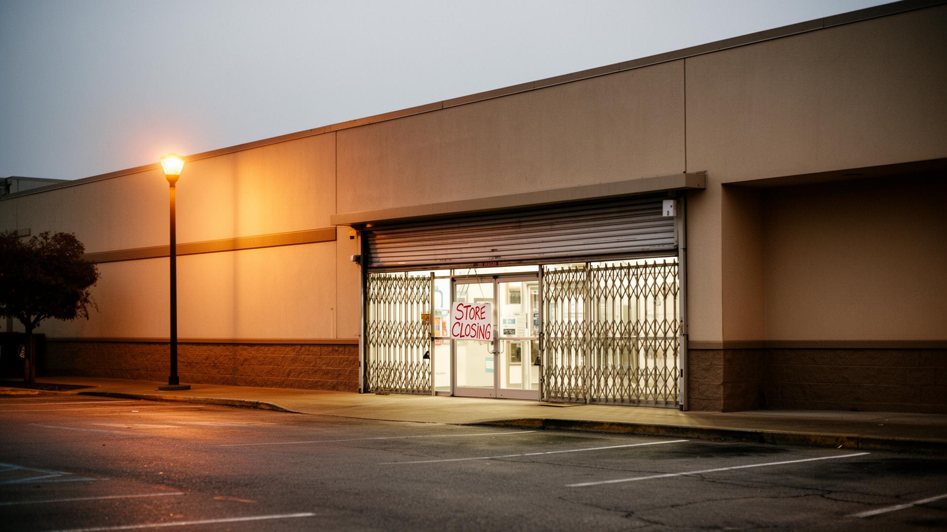 A shuttered mid-sized U.S. retail storefront at dusk with a handwritten Store Closing sign in the door and an empty parking lot